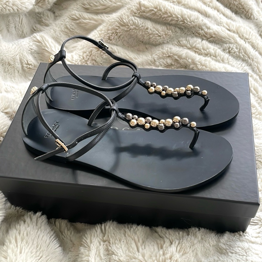Versace Thong Calf Leather Black Sandals, 7.5
